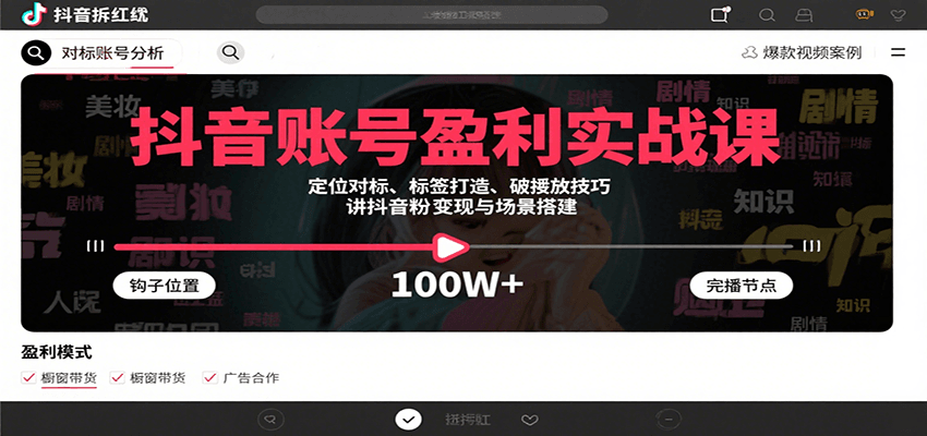 抖音账号盈利实战课，定位对标、标签打造、破播放技巧，讲涨粉变现与场景搭建-佳佳云创网