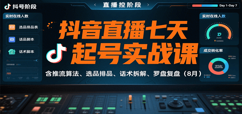 抖音直播七天起号实战课：含推流算法、选品排品、话术拆解、罗盘复盘（8月）-佳佳云创网