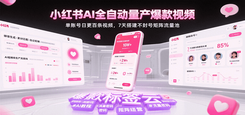 小红书AI全自动量产爆款视频，单账号日更百条视频，7天搭建不封号矩阵流量池（更新）-佳佳云创网