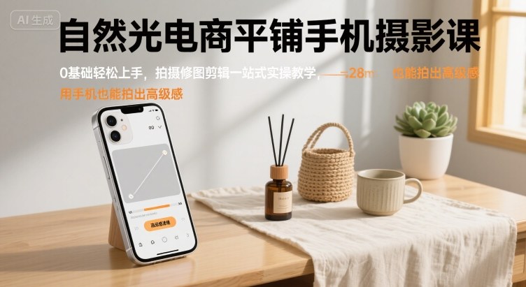 自然光电商平铺手机摄影课，0基础轻松上手，拍摄修图剪辑一站式实操教学，用手机也能拍出高级感-佳佳云创网