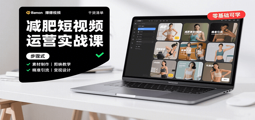 减肥短视频运营实战课：含素材制作、剪映教学，讲精准引流、变现设计与内容模板技巧-佳佳云创网
