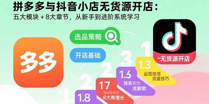 （15805期）拼多多与抖音小店无货源开店：五大模块+8大章节，从新手到进阶系统学习-佳佳云创网