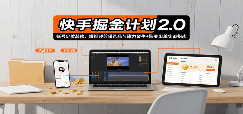 快手掘金计划2.0，账号定位装修、短视频剪辑选品与磁力金牛+裂变出单实战指南-佳佳云创网