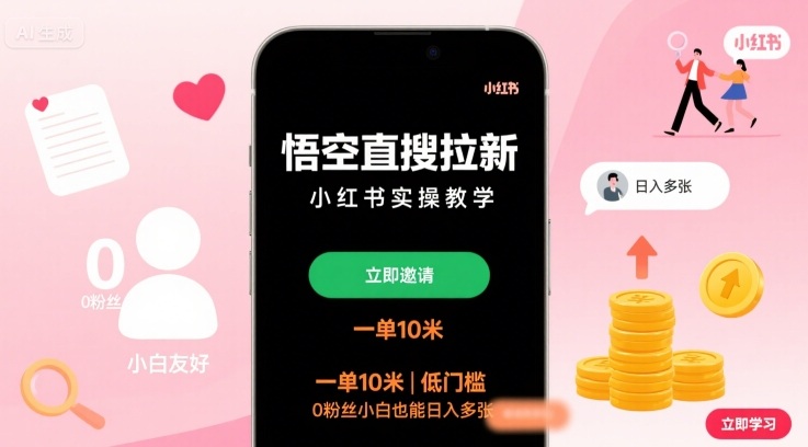 悟空直搜拉新小红书实操教学，一单10米，低门槛，0粉丝小白也能日入多张-佳佳云创网