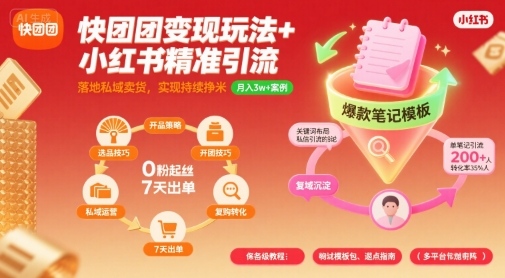 快团团变现玩法+小红书精准引流技巧，助你真正落地私域卖货，实现持续挣米-佳佳云创网