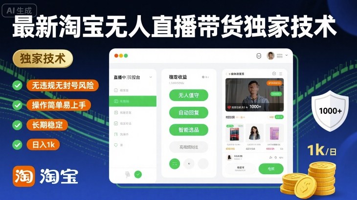 最新淘宝无人直播带货独家技术，无违规无封号风险，操作简单易上手，长期稳定日入1k【揭秘】-佳佳云创网