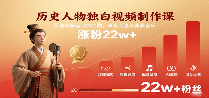 历史人物独白视频制作课，从剪辑配音到AI出图，声音克隆与背景音乐，涨粉22w+-佳佳云创网