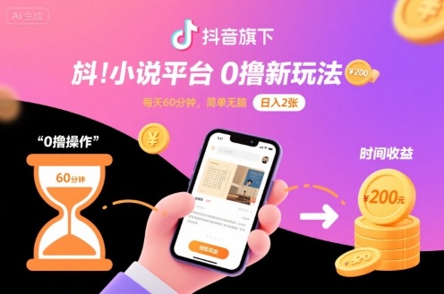 抖音旗下小说平台0撸新玩法，每天挂G60分钟，简单无脑，日入2张【揭秘】-佳佳云创网