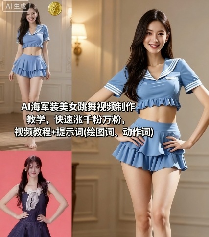 AI海军装美女跳舞视频制作教学，快速涨千粉万粉，视频教程+提示词(绘图词、动作词)-佳佳云创网