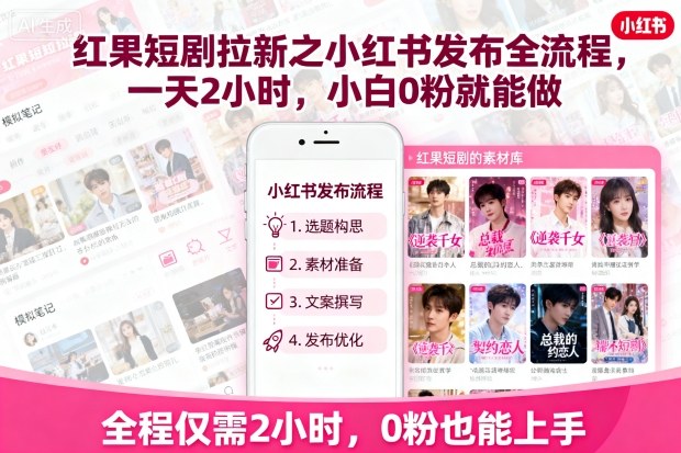 红果短剧拉新之小红书发布全流程，一天2小时，小白0粉就能做-佳佳云创网