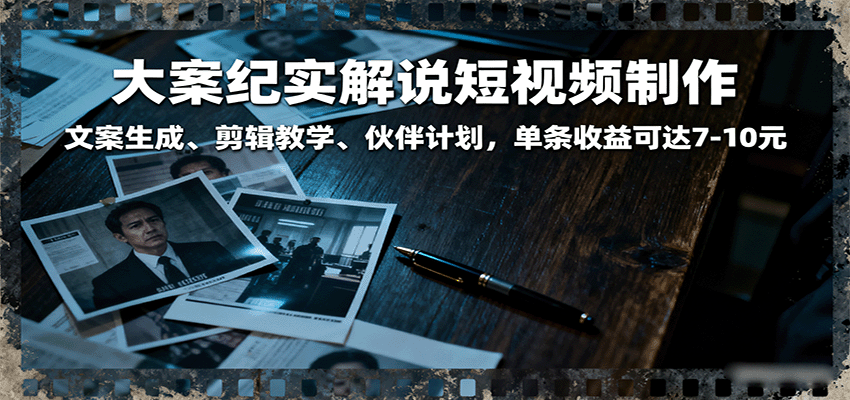 大案纪实解说短视频制作，文案生成、剪辑教学、伙伴计划，单条收益可达7-10元-佳佳云创网