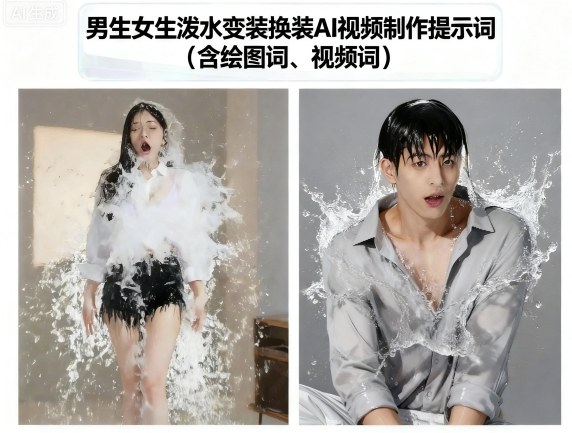 男生女生泼水变装换装AI视频制作提示词(含绘图词、视频词)-佳佳云创网