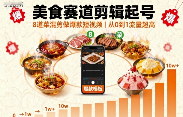 美食赛道剪辑起号，8道菜混剪做爆款短视频，从0到1，流量超高-佳佳云创网
