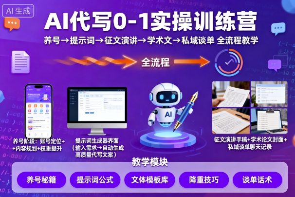 AI代写0-1实操训练营，从养号、提示词、征文演讲、学术文，到私域谈单的全流程教学-佳佳云创网