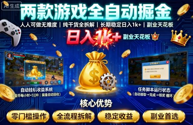 两款游戏全自动掘金，人人可做无难度，纯干货全拆解，长期稳定，日入1k+，副业天花板【揭秘】-佳佳云创网