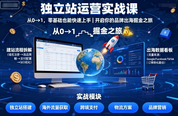 独立站运营实战课，​从0到1，零基础也能快速上手，开启你的品牌出海掘金之旅-佳佳云创网