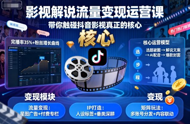 影视解说流量变现运营课，带你触碰抖音影视真正的核心-佳佳云创网