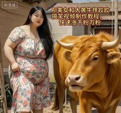 AI美女和大黄牛摔跤搞笑荒诞视频制作教程，快速涨千粉万粉-佳佳云创网