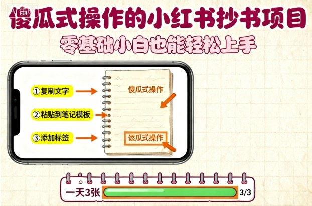 傻瓜式操作的小红书抄书项目，会复制粘贴就行，零基础小白也能一天3张-佳佳云创网