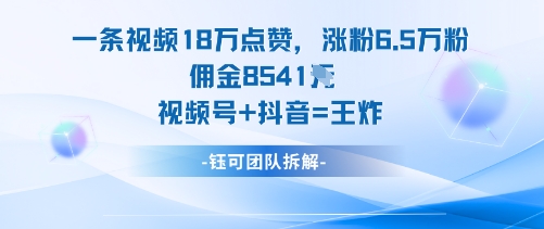 一条视频18W点赞，涨粉6.5W粉佣金8541米，视频号+抖音=王炸-佳佳云创网