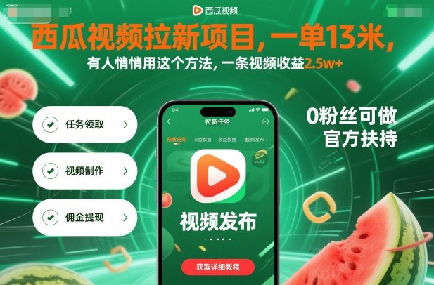 西瓜视频拉新项目，一单13米，有人悄悄用这个方法，一条视频收益2.5w+（附详细教程）-佳佳云创网