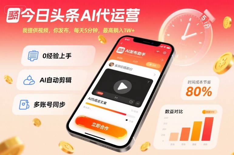 今日头条AI代运营，我提供视频，你发布，每天5分钟，最高躺入1W+【揭秘】-佳佳云创网