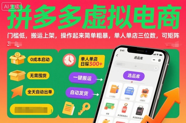 拼多多虚拟电商，门槛低，搬运上架，操作起来简单粗暴，单人单店三位数，可矩阵-佳佳云创网