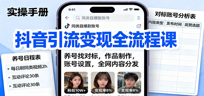 抖音引流变现全流程课：养号找对标，作品制作，账号设置，全网内容分发-佳佳云创网