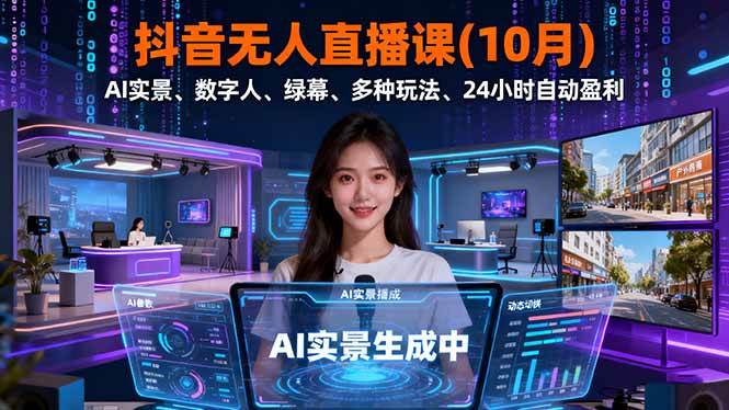 （16355期）抖音无人直播课(10月)，AI实景、数字人、绿幕、多种玩法、24小时自动盈利-佳佳云创网