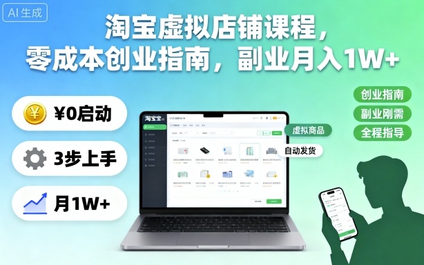 淘宝虚拟店铺课程，零成本创业指南，副业月入1W+-佳佳云创网