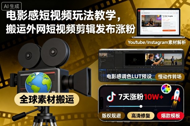 电影感短视频玩法教学，搬运外网短视频剪辑发布涨粉-佳佳云创网