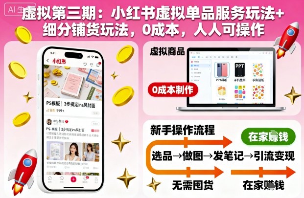 虚拟第三期：小红书虚拟单品服务玩法+细分铺货玩法，0成本，人人可操作-佳佳云创网