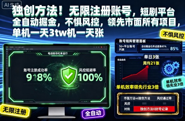 独创方法！无限注册账号，短剧平台全自动掘金，不惧风控，领先市面所有项目，单机一天3张【揭秘】-佳佳云创网