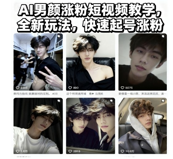 AI男颜涨粉短视频教学，全新玩法，快速起号涨粉-佳佳云创网