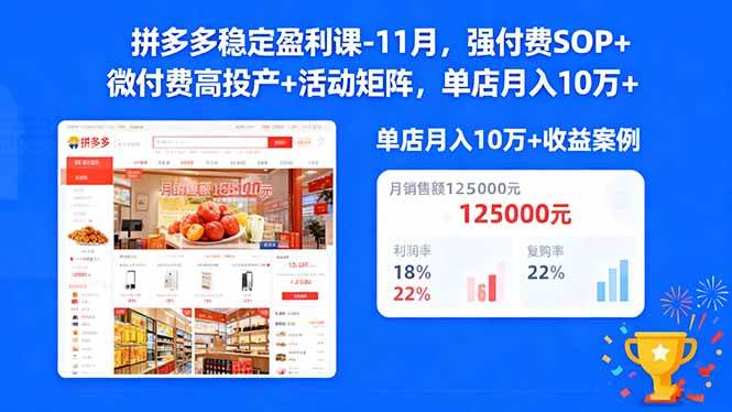 （16473期）拼多多稳定盈利课-11月，强付费SOP+微付费高投产+活动矩阵，单店月入10万+-佳佳云创网