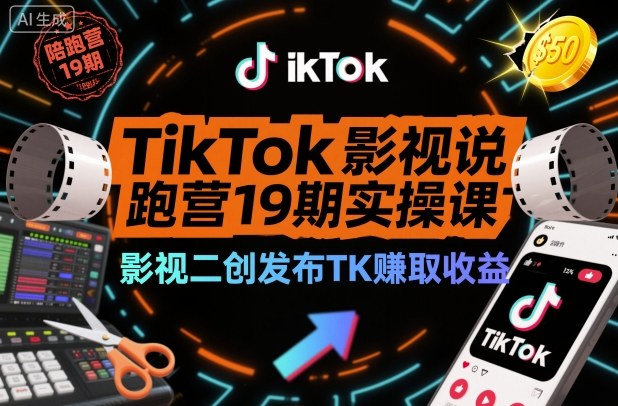 TikTok影视解说陪跑营19期实操课，影视二创发布TK賺取收益，万播收益50美金-佳佳云创网