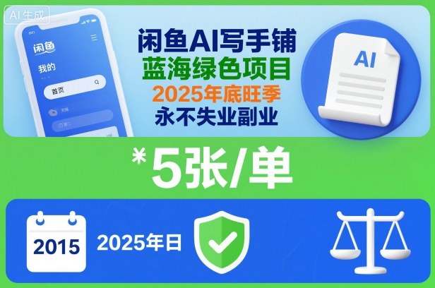 闲鱼AI写手铺，蓝海绿色项目，一单5张，2025年底旺季，永不失业副业-佳佳云创网