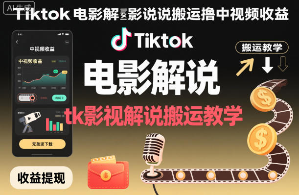 Tiktok电影解说搬运撸中视频收益，tk影视解说搬运教学-佳佳云创网