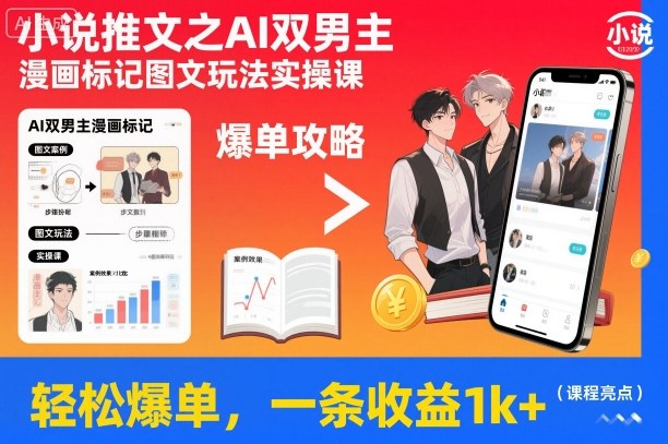 小说推文之AI双男主漫画标记图文玩法实操课，轻松爆单，一条收益1k+-佳佳云创网