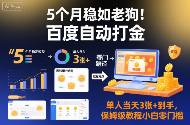 5个月稳如老狗！百度自动打金，单人当天3张+到手，保姆级教程小白零门槛【揭秘】-佳佳云创网