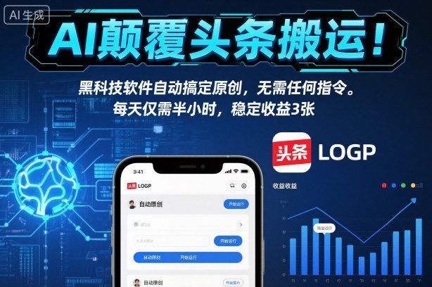 AI颠覆头条搬运！黑科技软件自动搞定原创，无需任何指令。每天仅需半小时，稳定收益3张【揭秘】-佳佳云创网