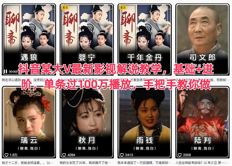 抖音某大V最新影视解说教学，基础+进阶，单条过100万播放，手把手教你做-佳佳云创网