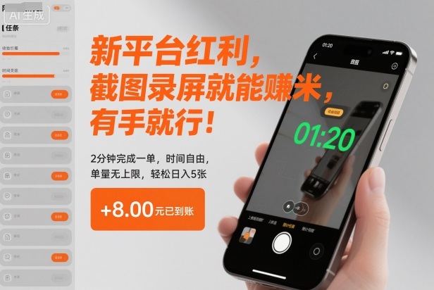 新平台红利，截图录屏就能賺米，有手就行！2分钟完成一单，时间自由，单量无上限，轻松日入5张【揭秘】-佳佳云创网