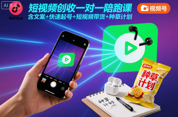 短视频创收一对一陪跑课，含文案+快速起号+短视频带货+种草计划-佳佳云创网