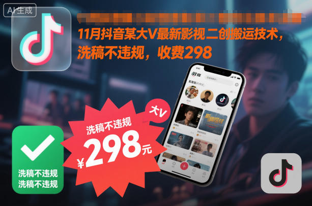 11月抖音某大V最新影视二创搬运技术，洗稿不违规，收费298-佳佳云创网