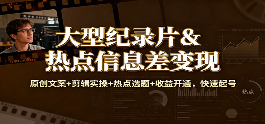 大型纪录片&热点信息差变现：原创文案+剪辑实操+热点选题+收益开通，快速起号-佳佳云创网