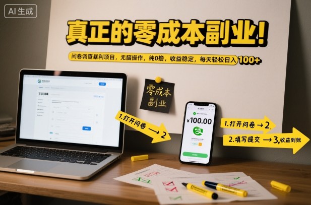 真正的零成本副业！问卷调查暴利项目，无脑操作，纯0撸，收益稳定，每天轻松日入100+【揭秘】-佳佳云创网