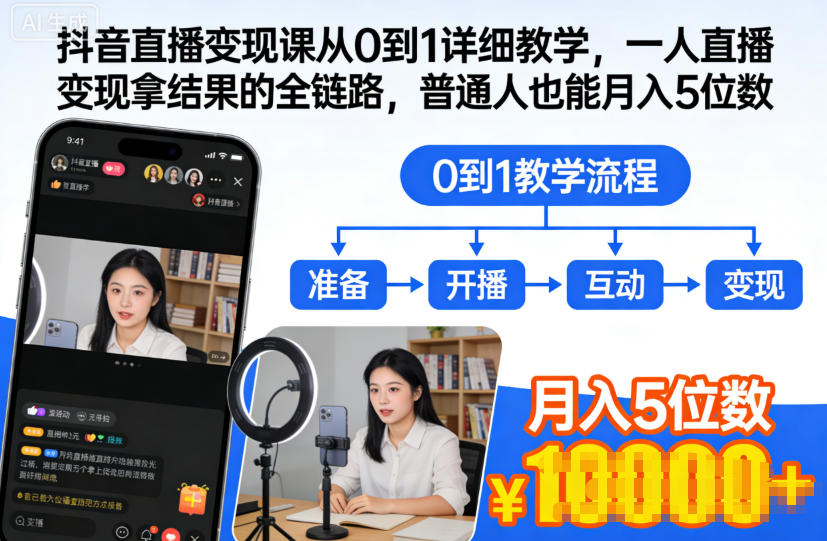 抖音直播变现课从0到1详细教学，一人直播变现拿结果的全链路，普通人也能月入5位数-佳佳云创网