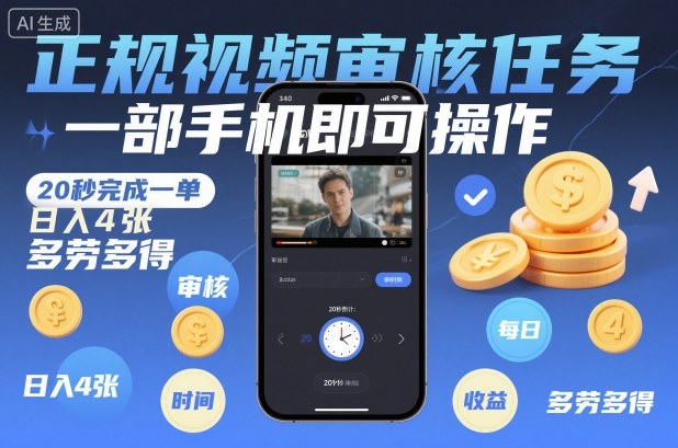 正规视频审核任务，一部手机即可操作，20秒完成一单，日入4张，多劳多得【揭秘】-佳佳云创网