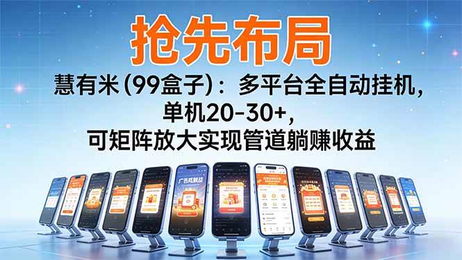 （16757期）【抢先布局】慧有米（99盒子）：多平台全自动挂机，单机20-30+，可矩阵放大实现管道躺赚收益-佳佳云创网